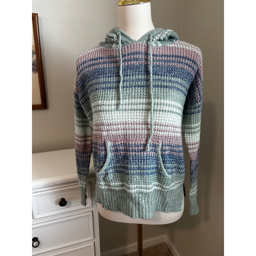 Full Circle Trends Womens‎ Waffle Knit Striped Hoodie Sweater Blue Pink Green M